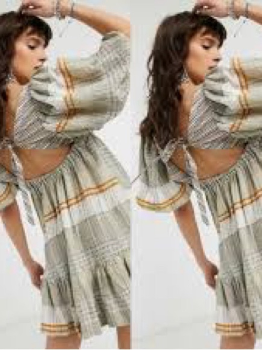 Free People Boho Tiered Flowy Mini Dress in Beige Plaid - Picture 2 of 5